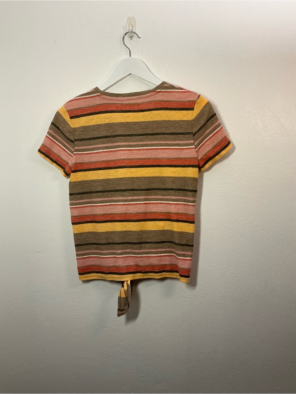 Madewell Striped Tie-Front Short Sleeve Tee in Brown, Yellow & Coral Size Small - Picture 2 of 6